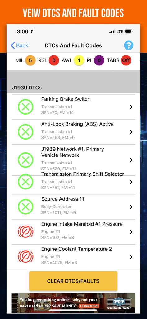 Diesel Decoder - Diesel Decoder 앱 인터페이스는 대형 차량에 대한 J1939 진단 문제 코드 및 고장 코드 목록을 표시합니다.