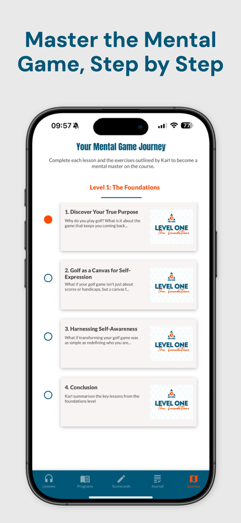 Mind Caddie app interface displaying the Level 1 Foundations of the golf mental game journey.