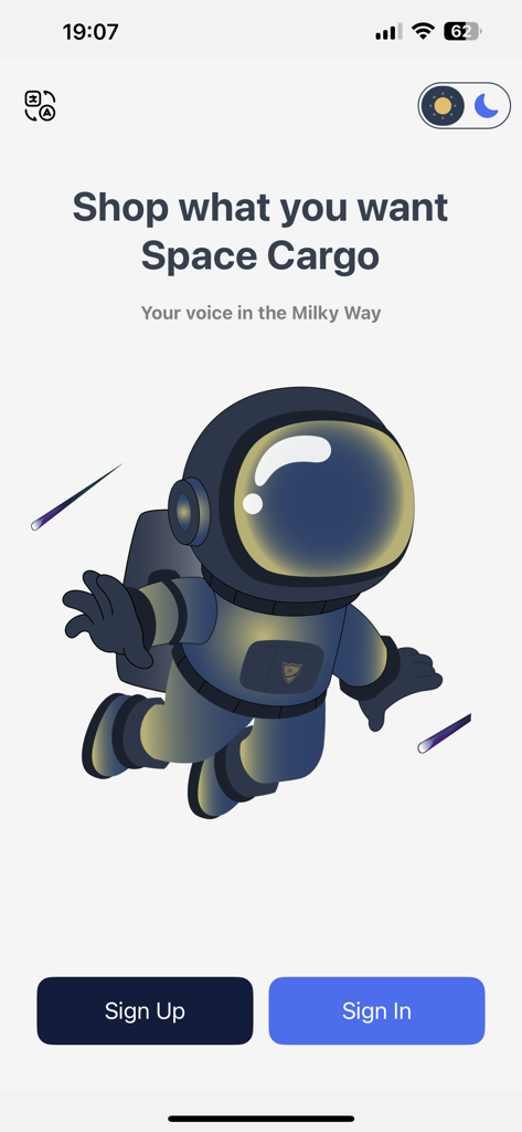 SpaceCargo App - SpaceCargo app welcome screen with an astronaut illustration and sign up options