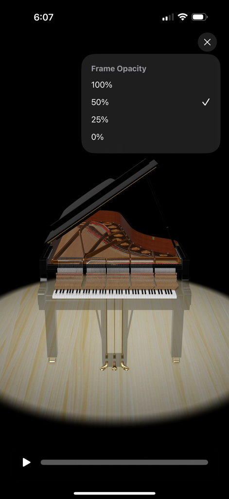 PianoVisualizer - A 3D grand piano with 50 percent frame opacity in PianoVisualizer showing its internal mechanisms