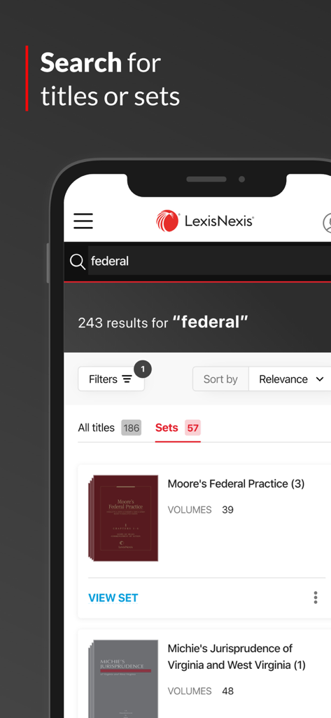 LexisNexis® Digital Library - Résultats de recherche de titres de droit fédéral dans l'application mobile LexisNexis Digital Library