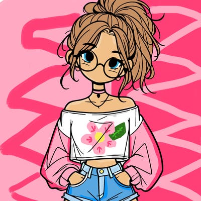 girl with a messy ponytail glasses a baggy crop top and jean shorts