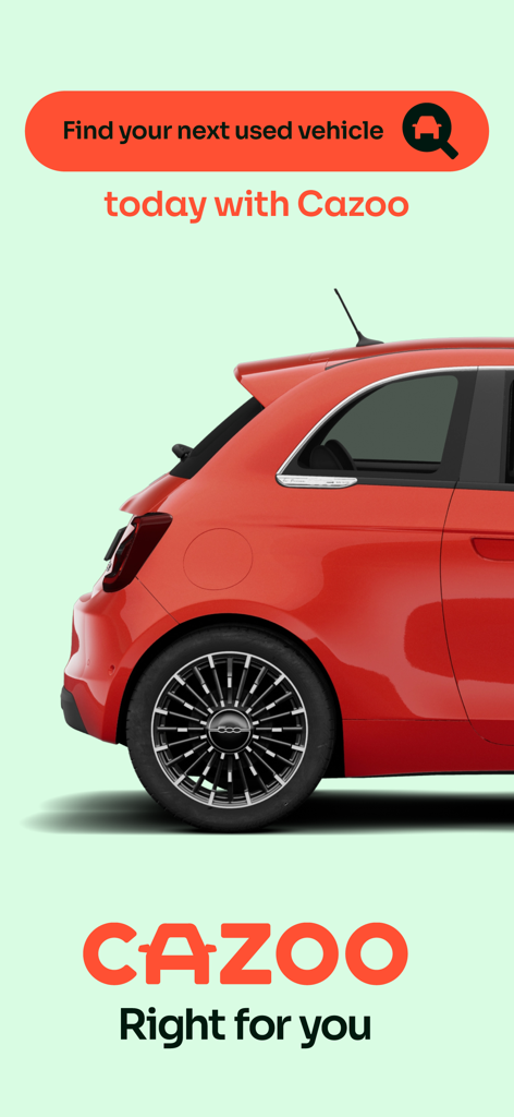 Promotional screen for Cazoo app showing a red car and the text Find your next used vehicle today.