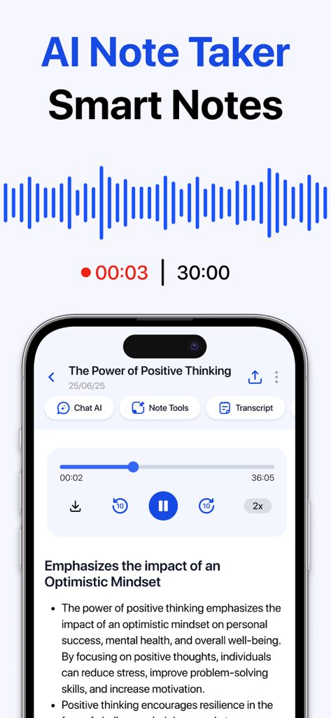 Interfaccia dell'app AI Note Taker che mostra un riassunto generato dall'IA di una registrazione vocale.