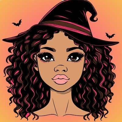 realistic black girl with wavy hair and witch hat and nose and lips