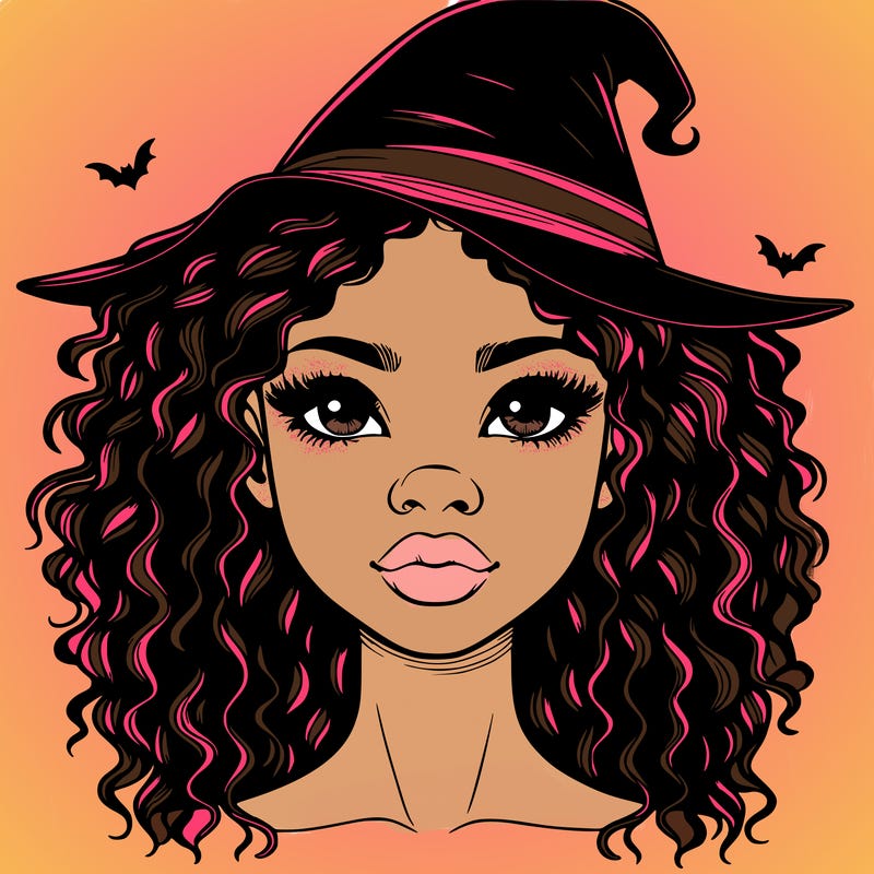 realistic black girl with wavy hair and witch hat and nose and lips