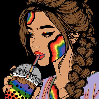 realistic girl drinking boba tea with braided hair