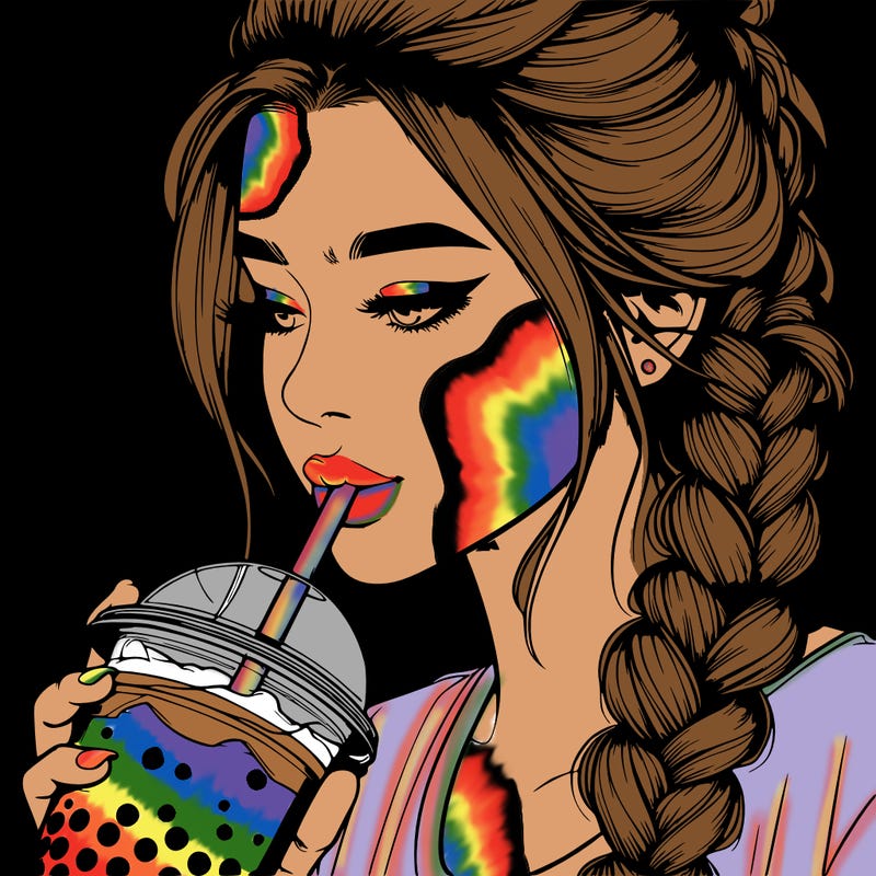 realistic girl drinking boba tea with braided hair
