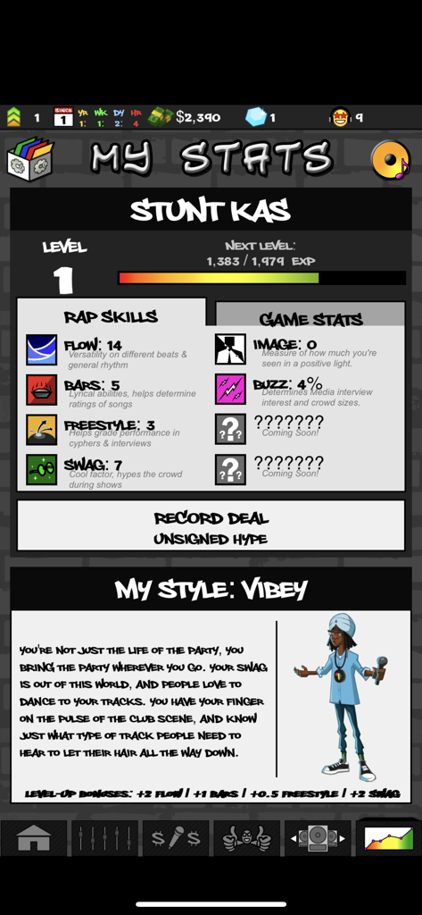 Rap Quest 2 game screen displaying player stats rap skills and character style
