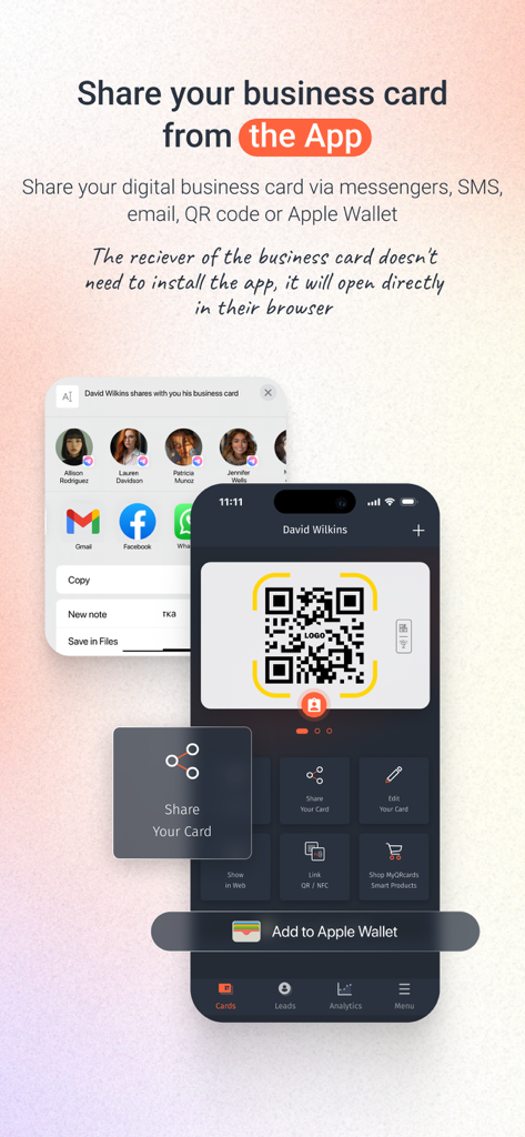 MyQRcards app interface showing how to share a digital business card via QR code and Apple Wallet.