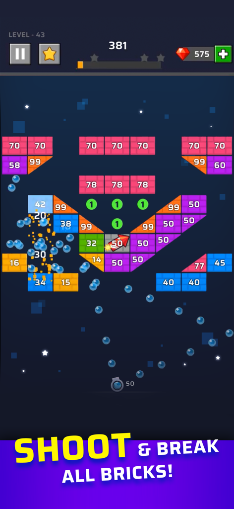 Gameplay screen of Brick Out showing blue balls breaking colorful numbered bricks in an arcade style level