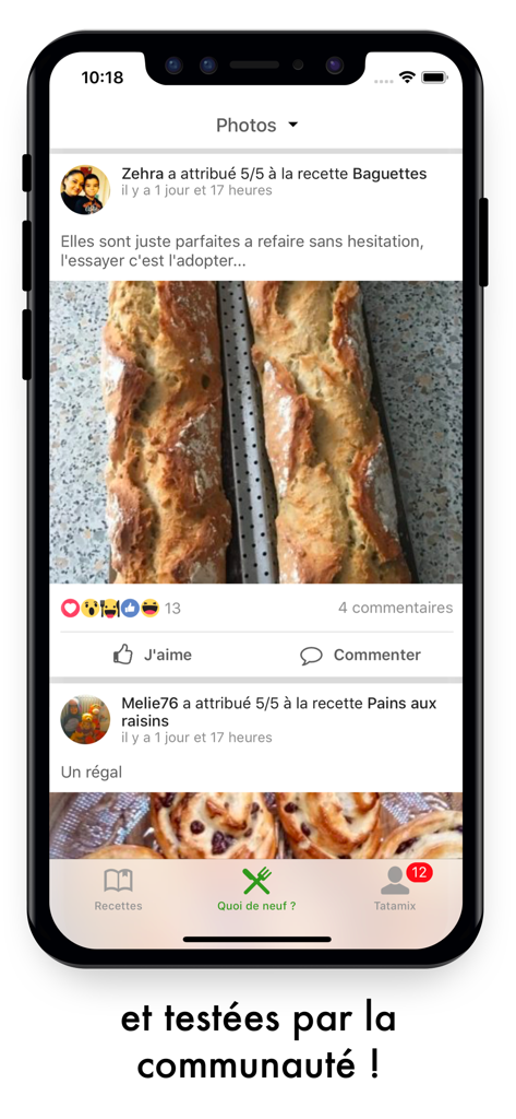 Feed social dell'app Cookomix che mostra ricette della community e valutazioni degli utenti con foto di cibo fatto in casa.