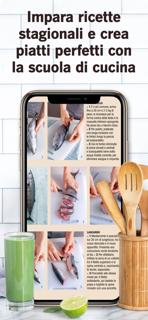 Tutorial passo passo su una ricetta di pesce sullo schermo dell'app mobile Sale e Pepe.