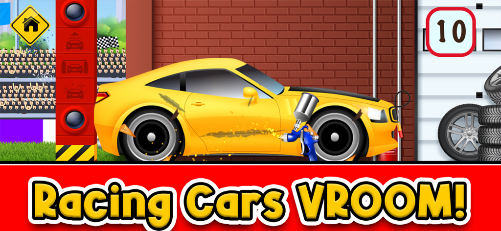 Little Car Wash: Vehicle Game - A yellow racing car being cleaned with a spray tool in the Little Car Wash game for kids.