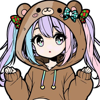 cute anime girl with ponytails and a cute bear hoodie