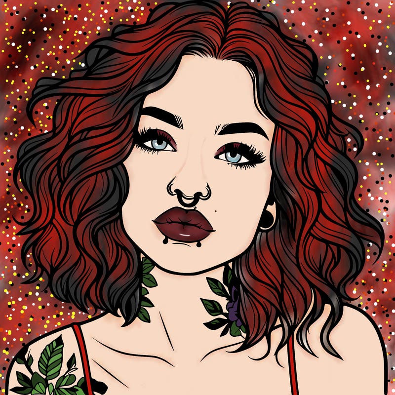 realistic woman with septum piercing and wavy hair and tattoos