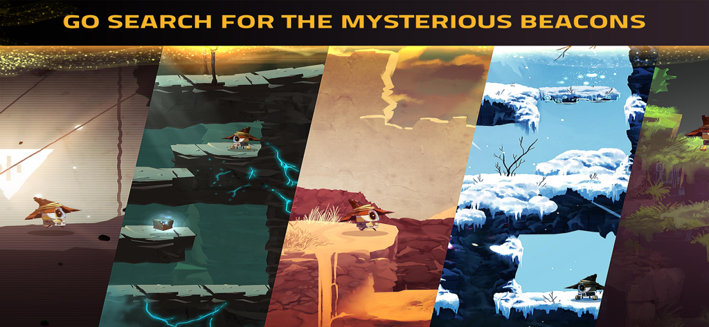 The robot Ilo exploring diverse landscapes from snow to desert in search of mysterious beacons