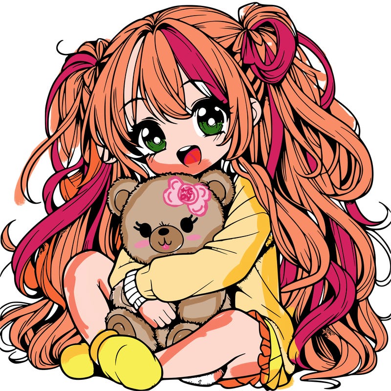 manga girl, long curly hair, happy, cuddling a teddy bear