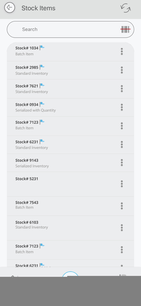 A mobile interface of the BarCloud app showing a list of stock items with their stock numbers and inventory categories like Batch Item and Standard Inventory