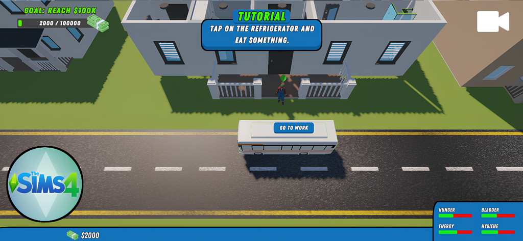 튜토리얼 메시지와 집 근처에 있는 캐릭터를 보여주는 인생 시뮬레이션 게임 인터페이스