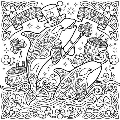 Celebrate St. Patrick's Day with an unexpected twist! This unique coloring page brings together majestic orcas adorned with Celtic knotwork and classic Irish symbols for a truly festive experience.