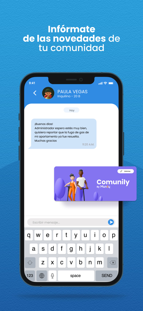 A resident using the Munily app to communicate with building management about apartment updates