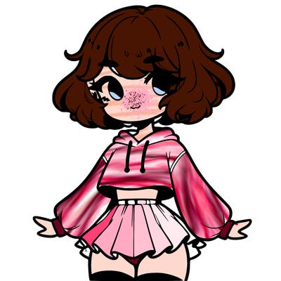 cute femboy with short, fluffy hair that softly frames their face, wearing a cropped hoodie, paired with a flouncy short skirt, and thigh-high stockings