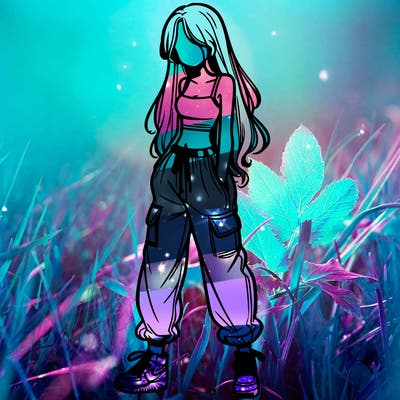 girl in baggy pants crop top and long hair