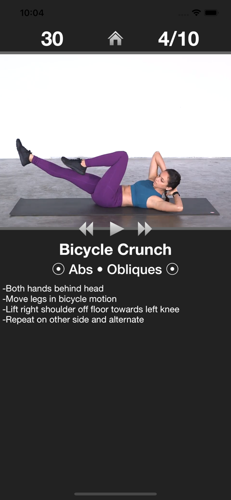 Bicycle crunch exercise demonstration with instructions and video timer in the Daily Ab Workout app.