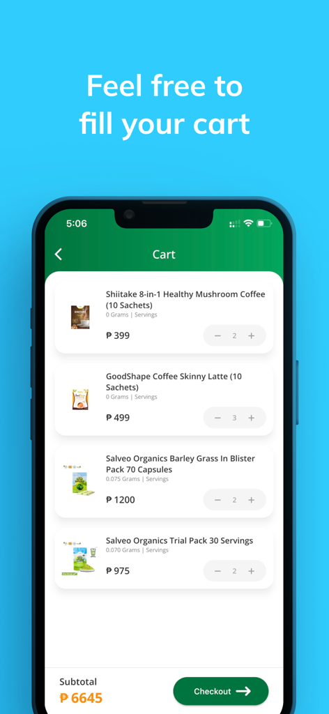 Salveowell - Shopping cart page of the Salveowell app showing mushroom coffee and barley grass supplements.
