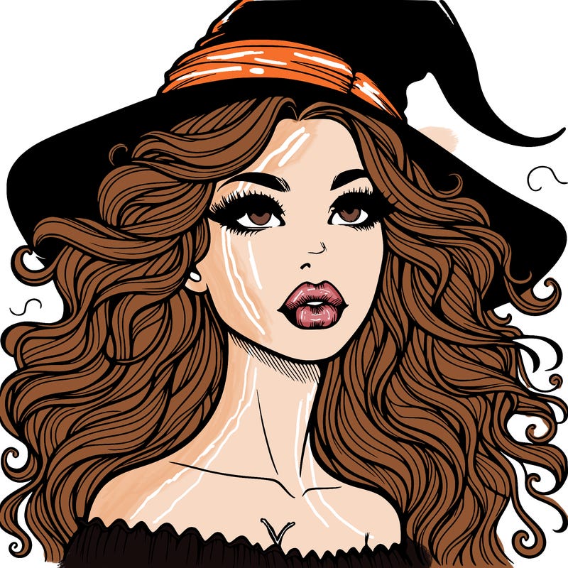 realistic witch girl with wavy hair and lips