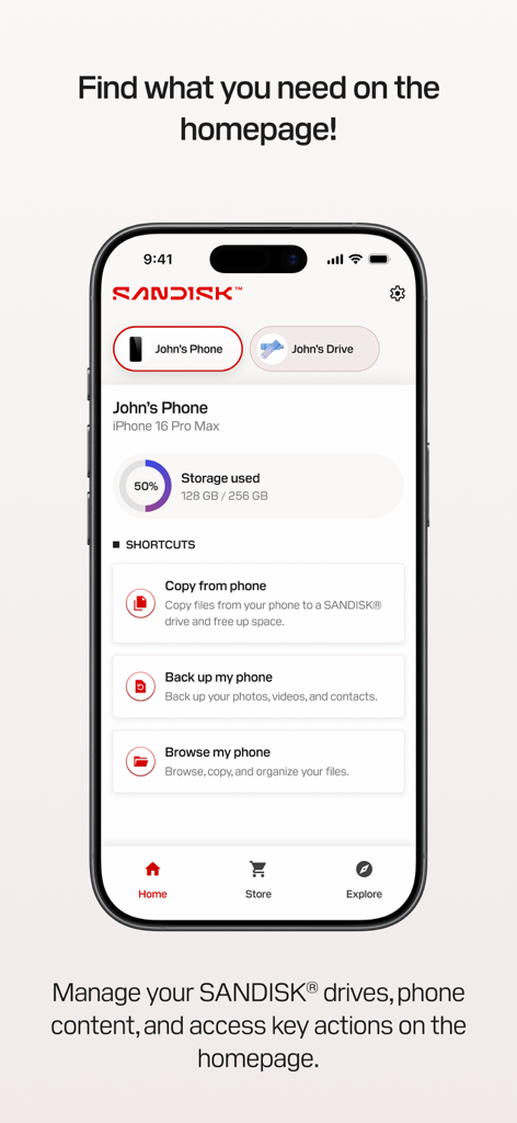 SanDisk Memory Zone - SanDisk Memory Zoneアプリのホーム画面（iPhone）に、ストレージ使用量と、バックアップおよびファイル管理のクイックアクションショートカットが表示されています。