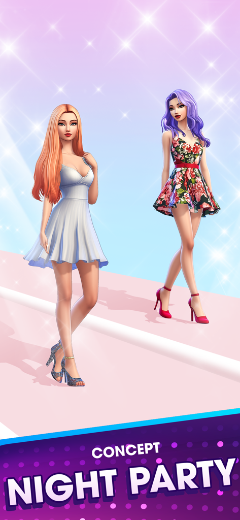 Catwalk Queen: Fashion Battle - Dos modelos posando en una pasarela con un vestido blanco y un vestido floral para una fiesta nocturna