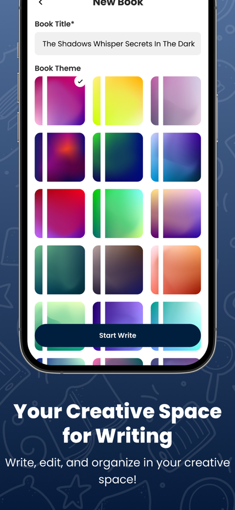 Interface for creating a new book with title entry and colorful theme selection options