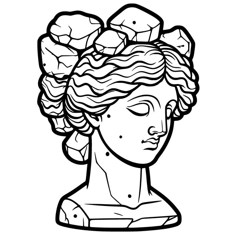 bust of a female statue with rock-shaped hair