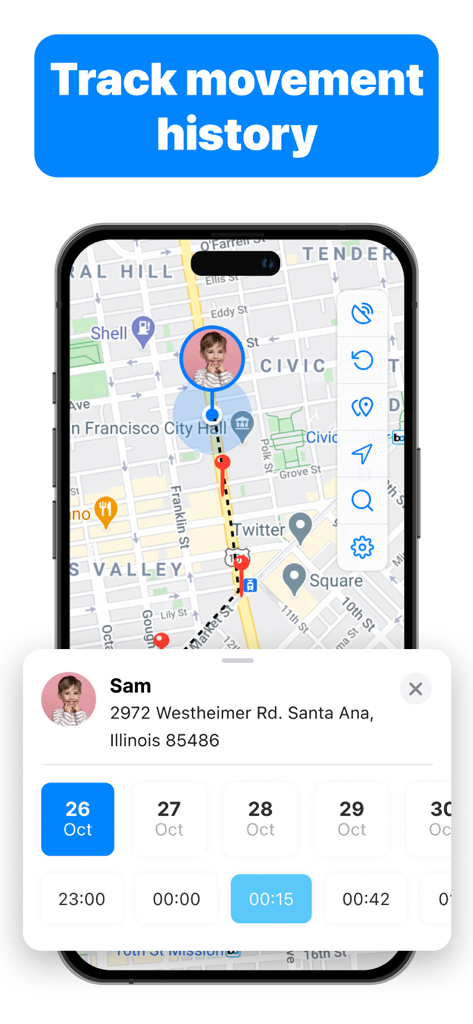 iTrack 앱 인터페이스가 날짜 및 시간 선택 기능과 함께 지도에 자녀 이동 기록을 보여줌