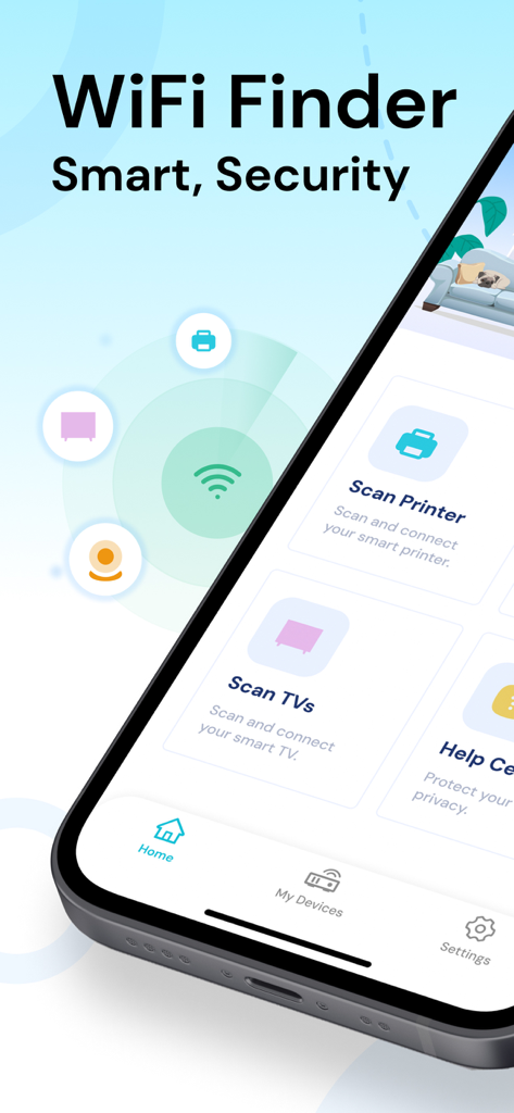 Mobile app interface for scanning smart home devices including printers and TVs for network security