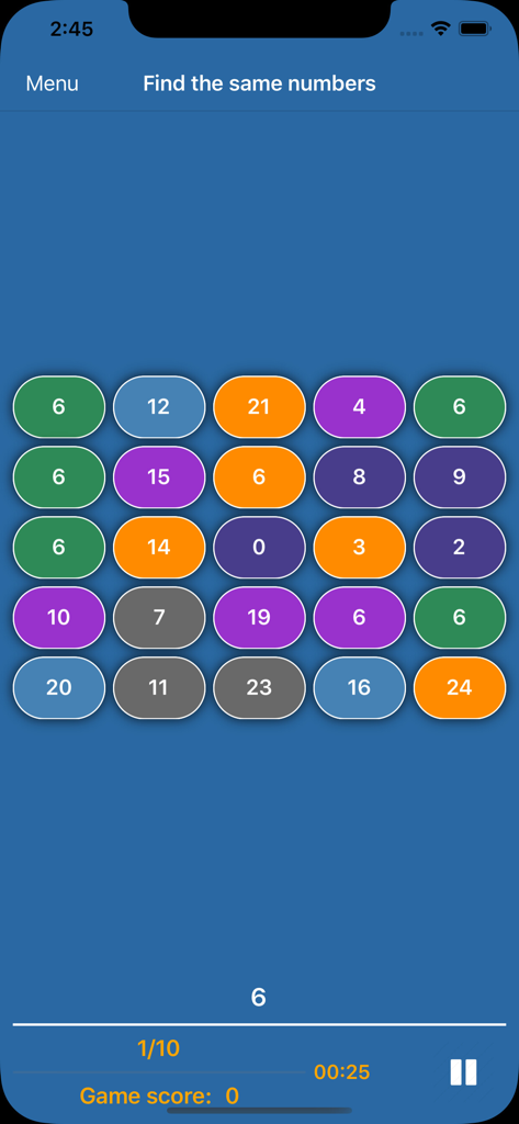 Brain and memory training Pro - L'interface du jeu cognitif Trouver les nombres dans l'application Brain and memory training Pro.