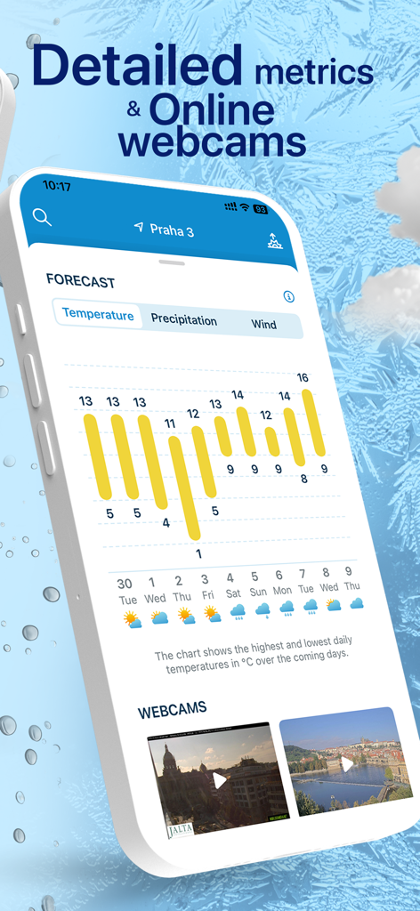 In-počasí - In-pocasi App-Oberfläche mit einem 10-Tage-Temperaturvorhersagediagramm und Live-Webcams von Städten.