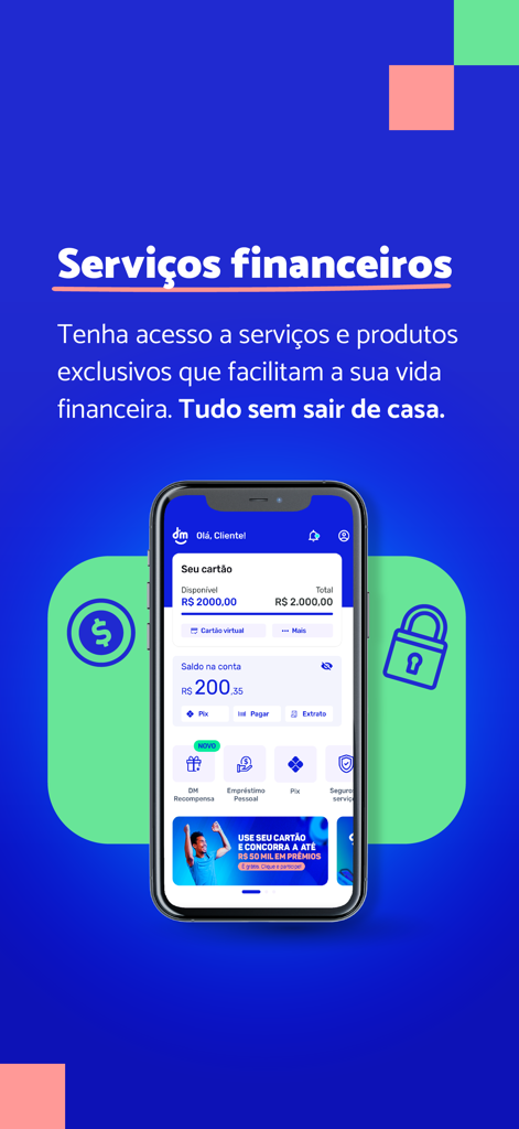 DM App: Conta, Crédito e Pix - DM App mobile dashboard showing financial services and digital account balance