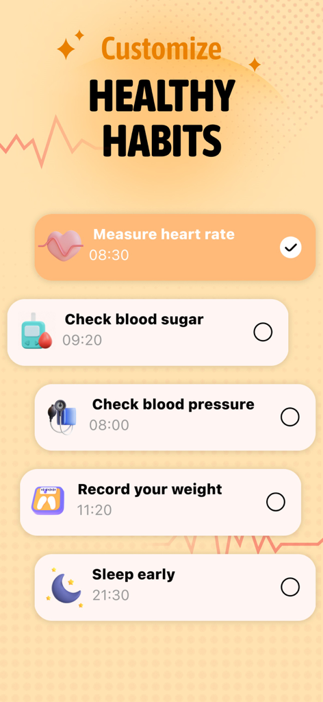 Daily Health-pulse heart track - Una interfaz de aplicación móvil que muestra una lista de verificación de hábitos saludables que incluyen la medición de la frecuencia cardíaca, controles de azúcar en sangre y seguimiento de peso.
