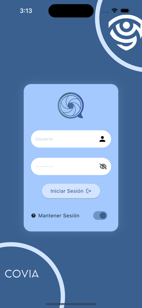 Covia - Covia AI車両監視アプリのログイン画面、ユーザー名とパスワード入力フィールドを表示