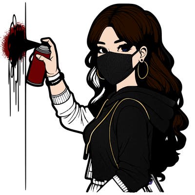 realistic girl with mask spray painting a wall