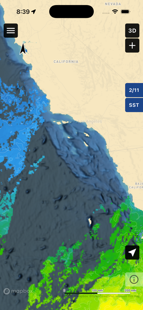 VizReport - VizReport app interface showing a sea surface temperature map of the California coast