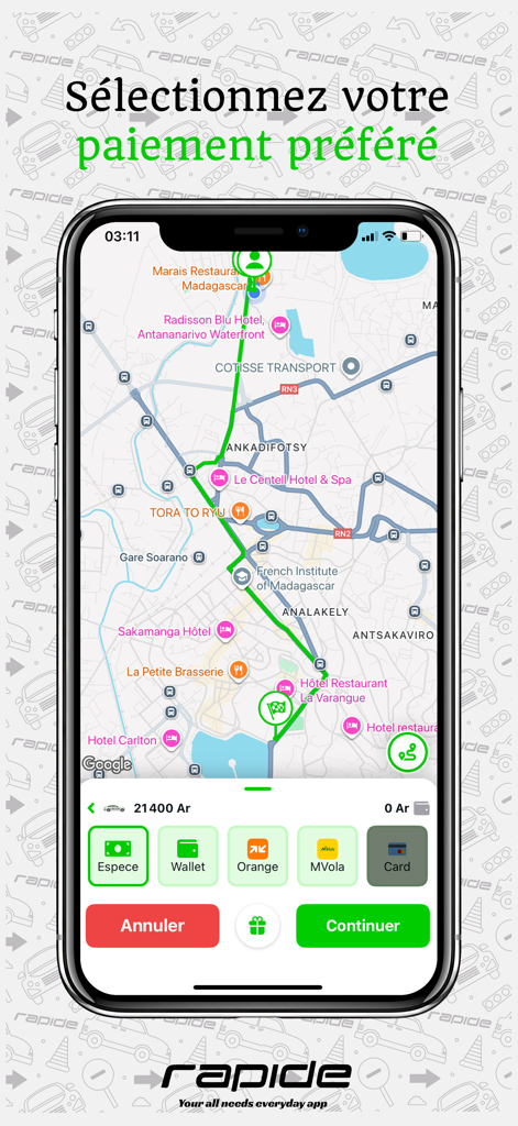 Rapide App - Écran de sélection de paiement Rapide App montrant les méthodes de paiement locales et un itinéraire de trajet sur une carte de Madagascar.