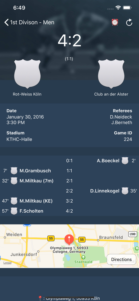 Field Hockey - Germany - Ein Ergebnisbildschirm in der Field Hockey Germany App, der einen 4:2-Sieg von Rot-Weiss Köln gegen Club an der Alster zeigt, inklusive Torschützen und einer Karte des Spielortes.