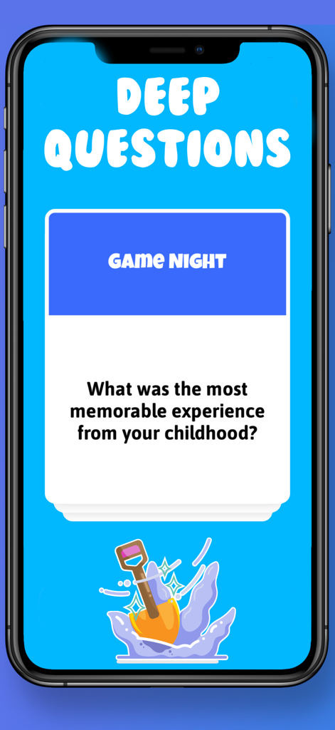 Spy Game: Group Party Games - Interfaccia dell'app Spy Game che mostra una carta di domanda profonda di livello due per incontri sociali