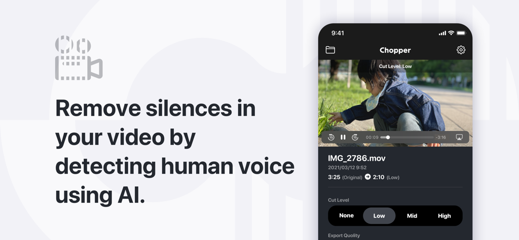 Chopper: Video/Audio Shortener - AI video editor app interface showing automated silence removal and cut level selection