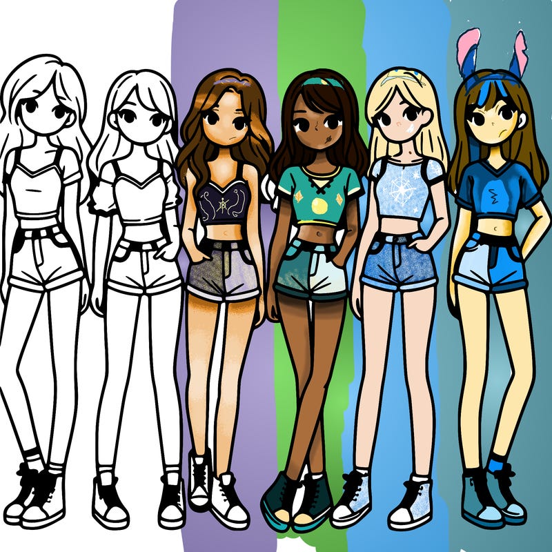 a group of girls wearing crop tops and shorts