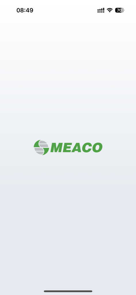 Meaco - The splash screen of the Meaco app showing the company logo on a white background